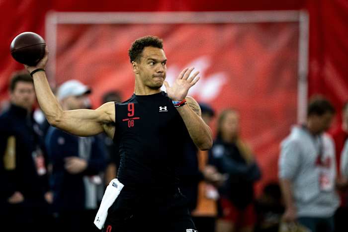 Cincinnati Bearcats quarterback Desmond Ridder (9) throws a pass during Cincinnati Football Pro Day, Thursday, March 24, 2022, at the Sheakley Athletic Complex in Cincinnati. Cincinnati Football Pro Day 136